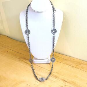 Necklace Vtg Anne Klein Accessocraft Station Asian Coin Link Silver Tone